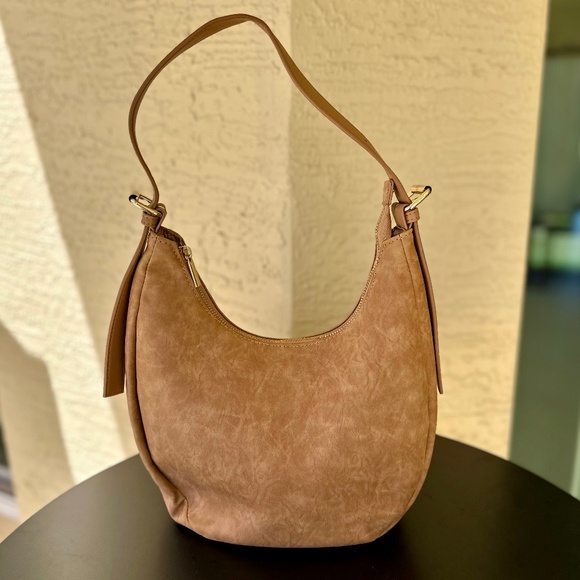 4Th And Reckless Handbags - 4th & Reckless, Camel Brown Faux Suede Crescent Shoulder Bag